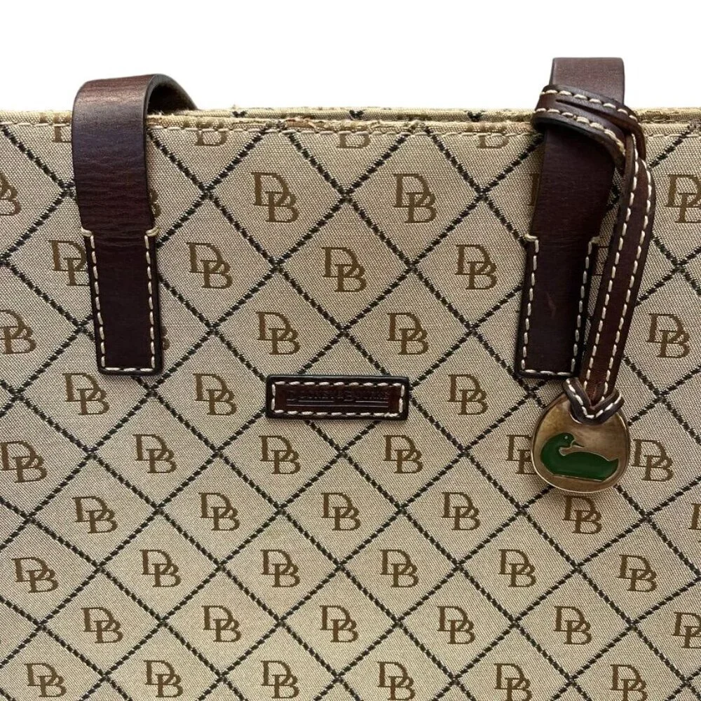 Numbered Dooney & Bourke Beige Logo Tote Bag With Brown Leather Straps and Trim - Picture 5 of 13